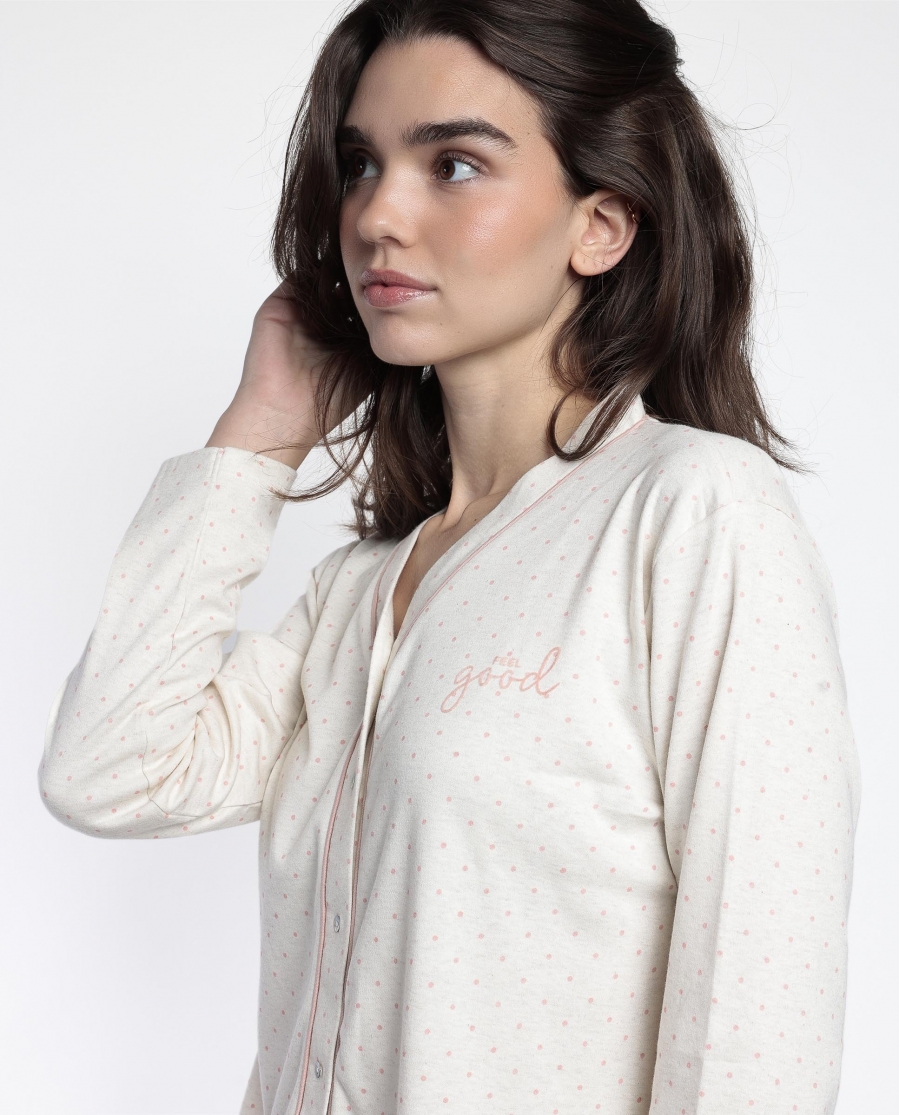 ADMAS CLASSIC Pijama Manga Larga Abierto Dots & Flowers para Mujer CRUDO