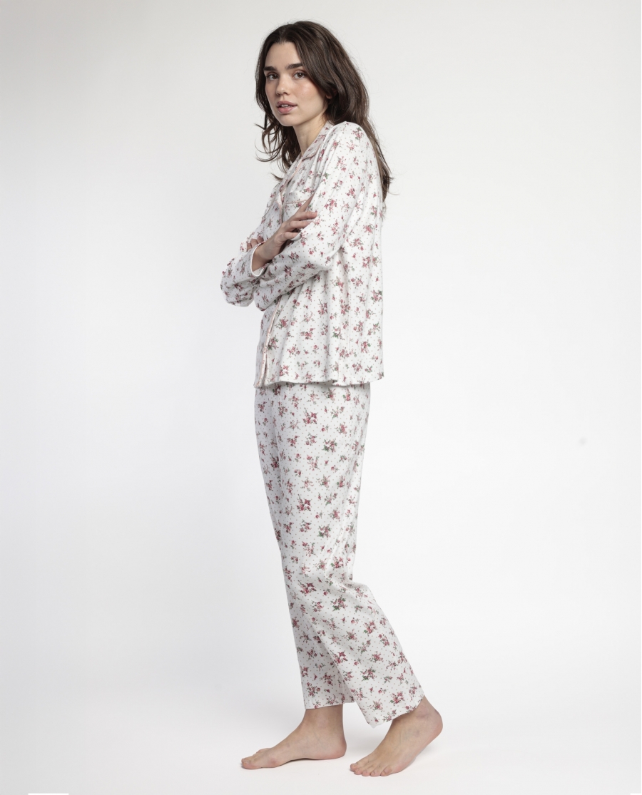 ADMAS CLASSIC Pijama Manga Larga Abierto Solapa Dots & Flowers para Mujer CORAL