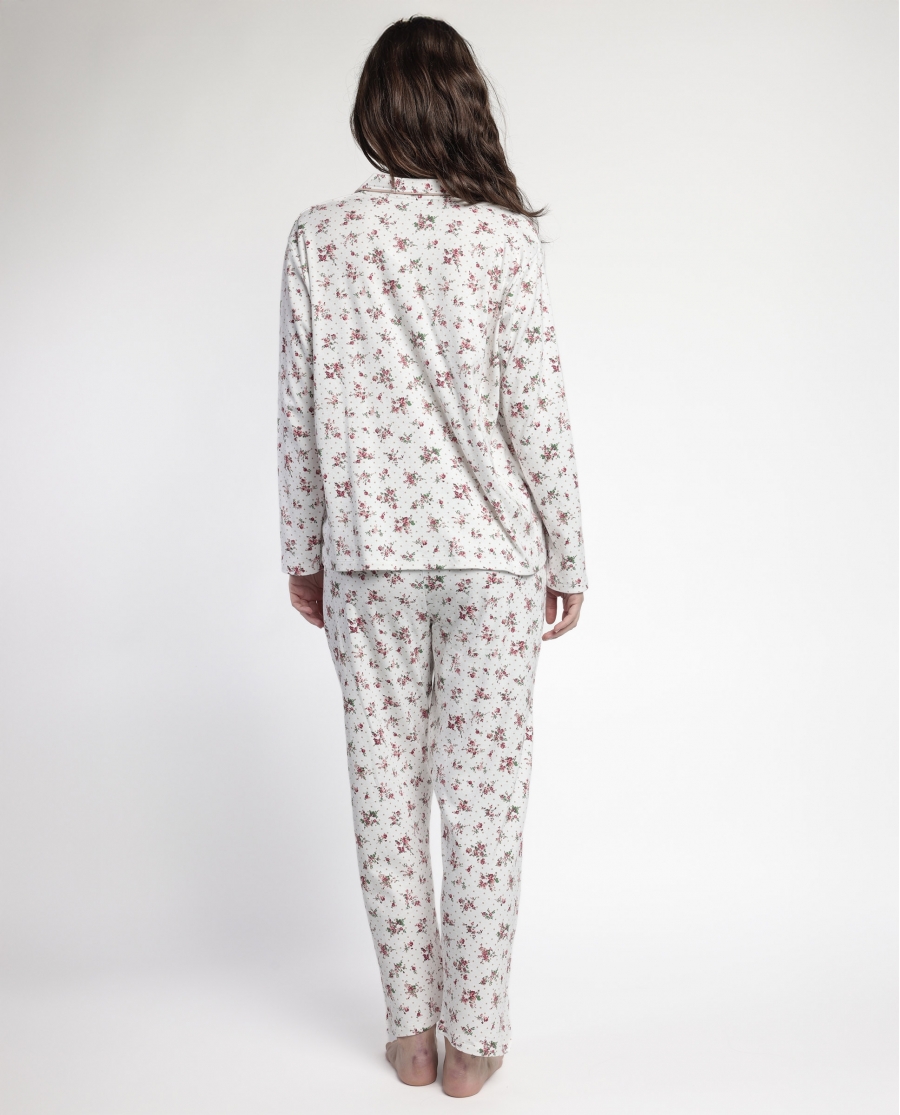 ADMAS CLASSIC Pijama Manga Larga Abierto Solapa Dots & Flowers para Mujer CORAL