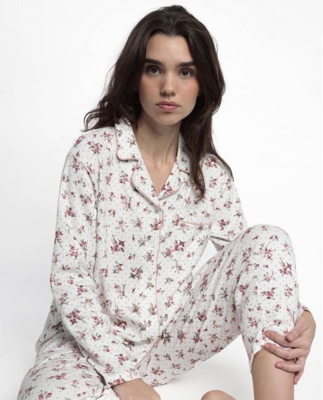 ADMAS CLASSIC Pijama Manga Larga Abierto Solapa Dots & Flowers para Mujer CORAL 2