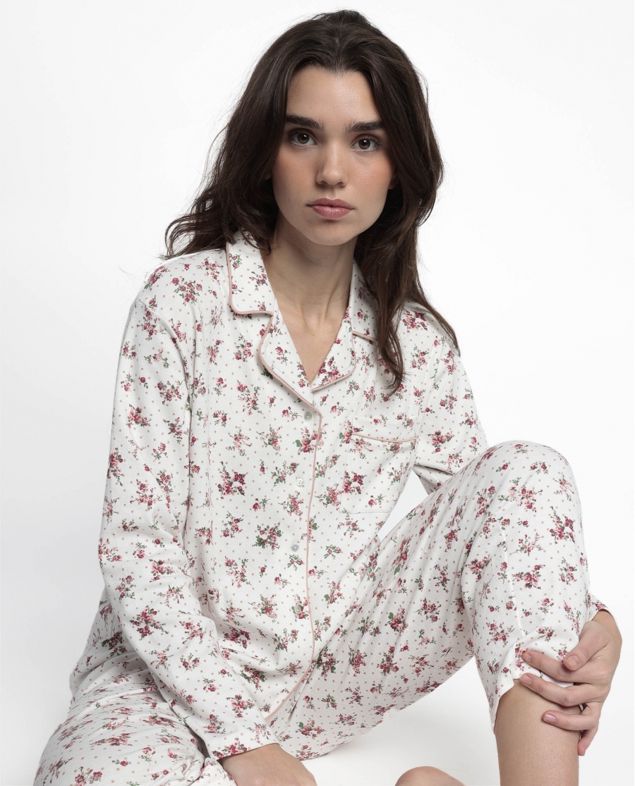 ADMAS CLASSIC Pijama Manga Larga Abierto Solapa Dots & Flowers para Mujer CORAL