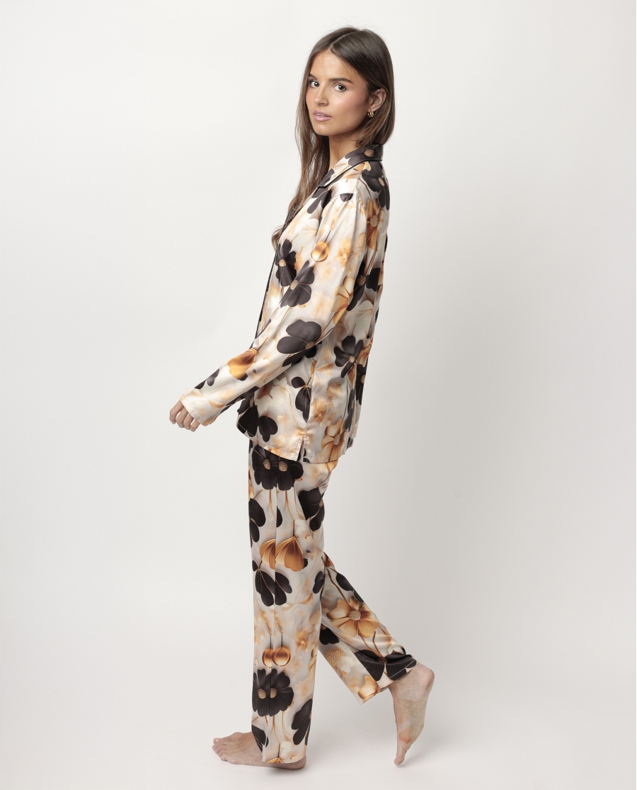 ADMAS LUXURY Pijama Manga Larga Abierto Satinado Luxury Flowers para Mujer ORO
