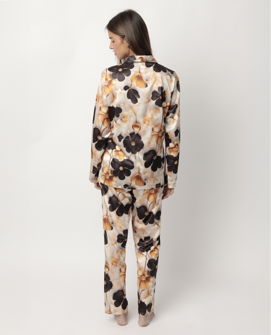 ADMAS LUXURY Pijama Manga Larga Abierto Satinado Luxury Flowers para Mujer ORO