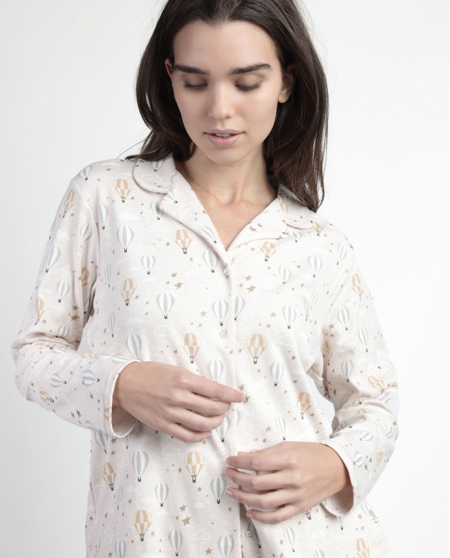 ADMAS Pijama Manga Larga Abierto Enjoy Every Moment para Mujer BEIGE
