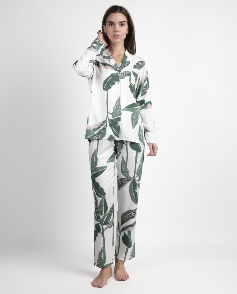 ADMAS LUXURY Pijama Manga Larga Abierto Popelín Luxury Leaves para Mujer HOJAS