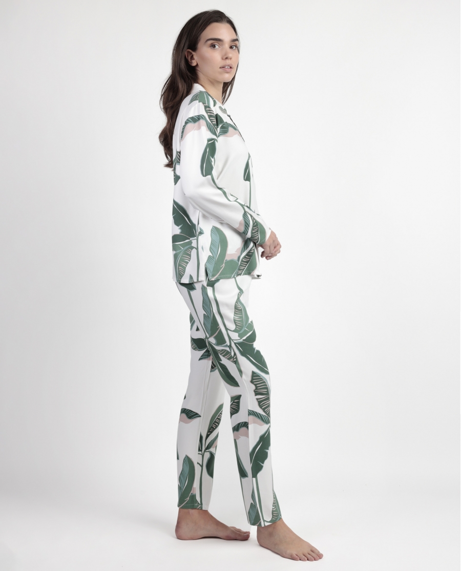 ADMAS LUXURY Pijama Manga Larga Abierto Popelín Luxury Leaves para Mujer HOJAS