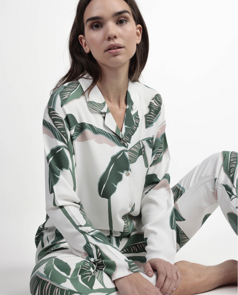 ADMAS LUXURY Pijama Manga Larga Abierto Popelín Luxury Leaves para Mujer HOJAS