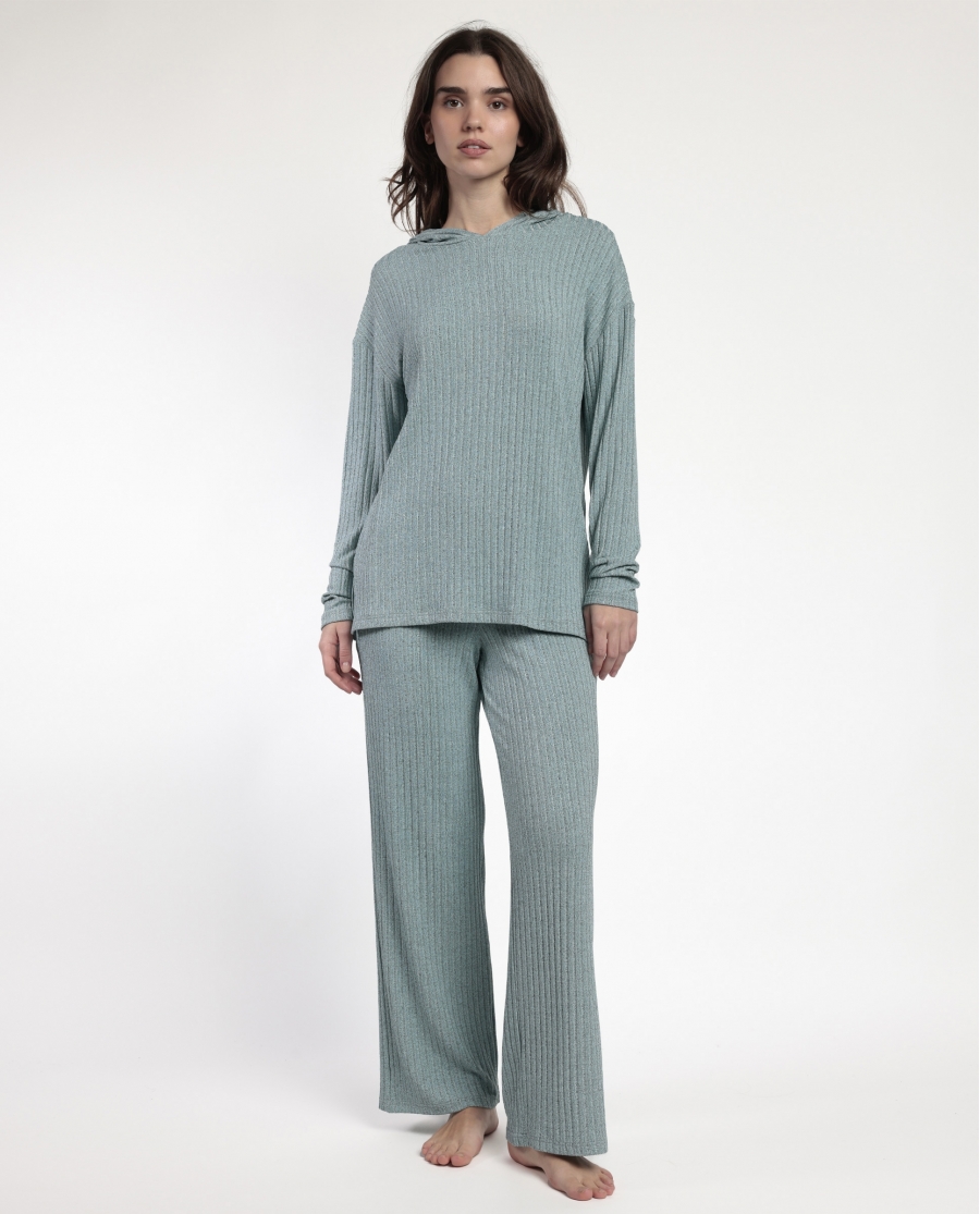 ADMAS HOME Pijama Manga Larga Capucha Canalé Tracksuit para Mujer AQUA