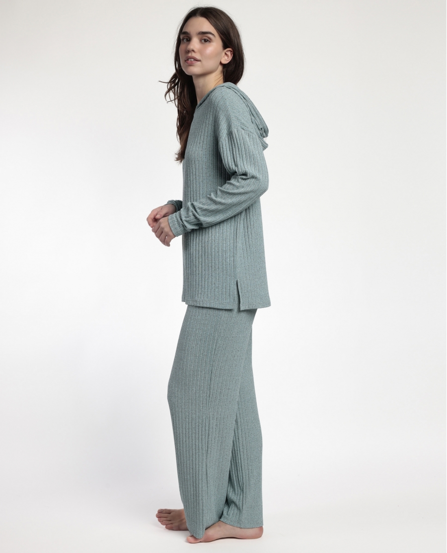 ADMAS HOME Pijama Manga Larga Capucha Canalé Tracksuit para Mujer AQUA