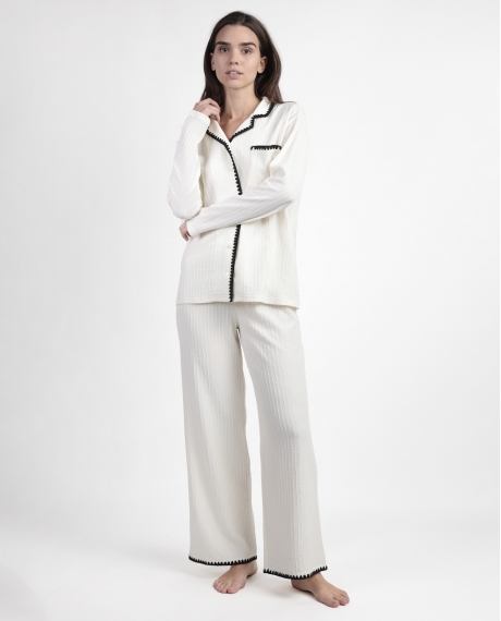 ADMAS LUXURY Pijama Manga Larga Abierto Stitching para Mujer CRUDO