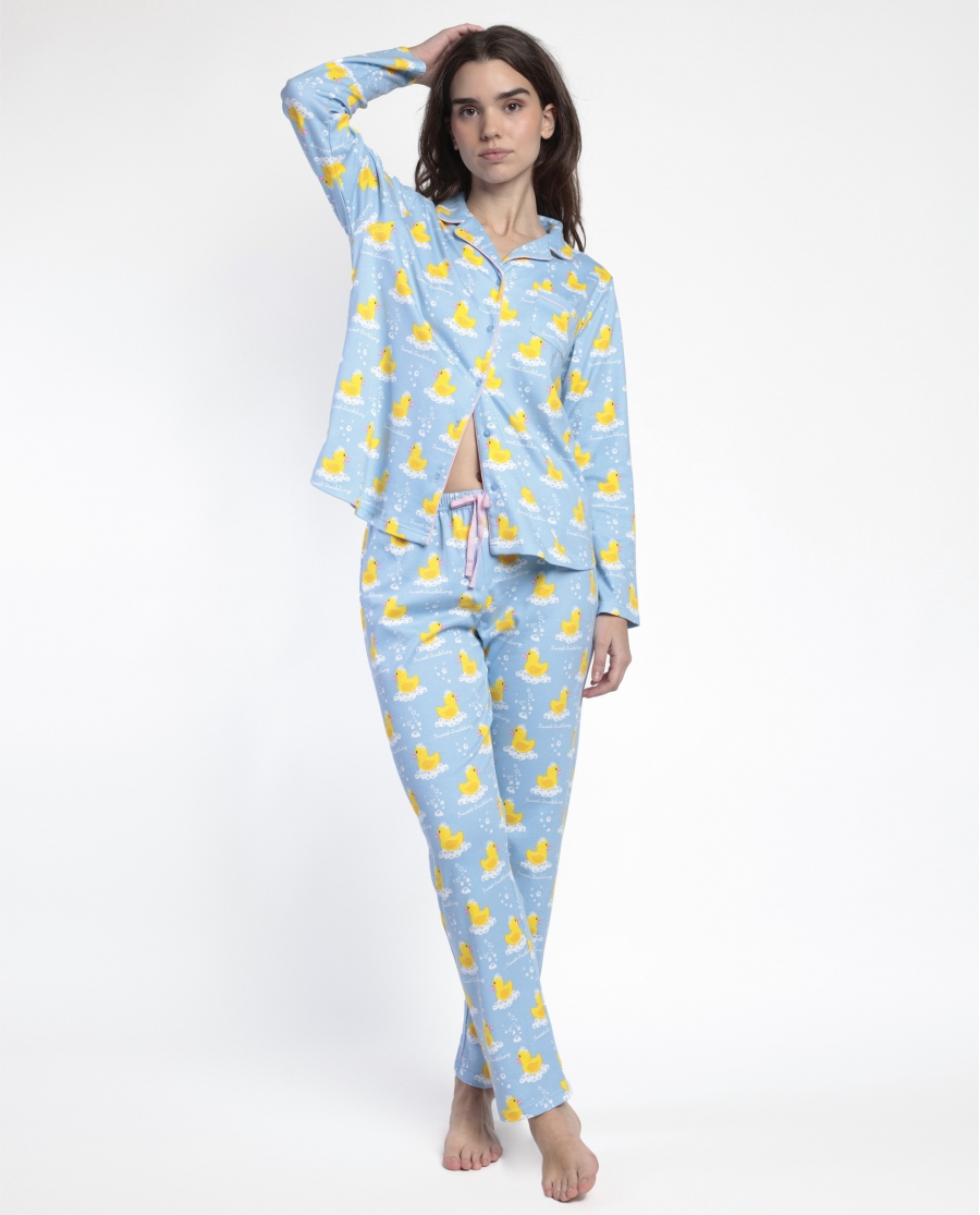 ADMAS Pijama Manga Larga Abierto Sweet Duckling para Mujer AZUL