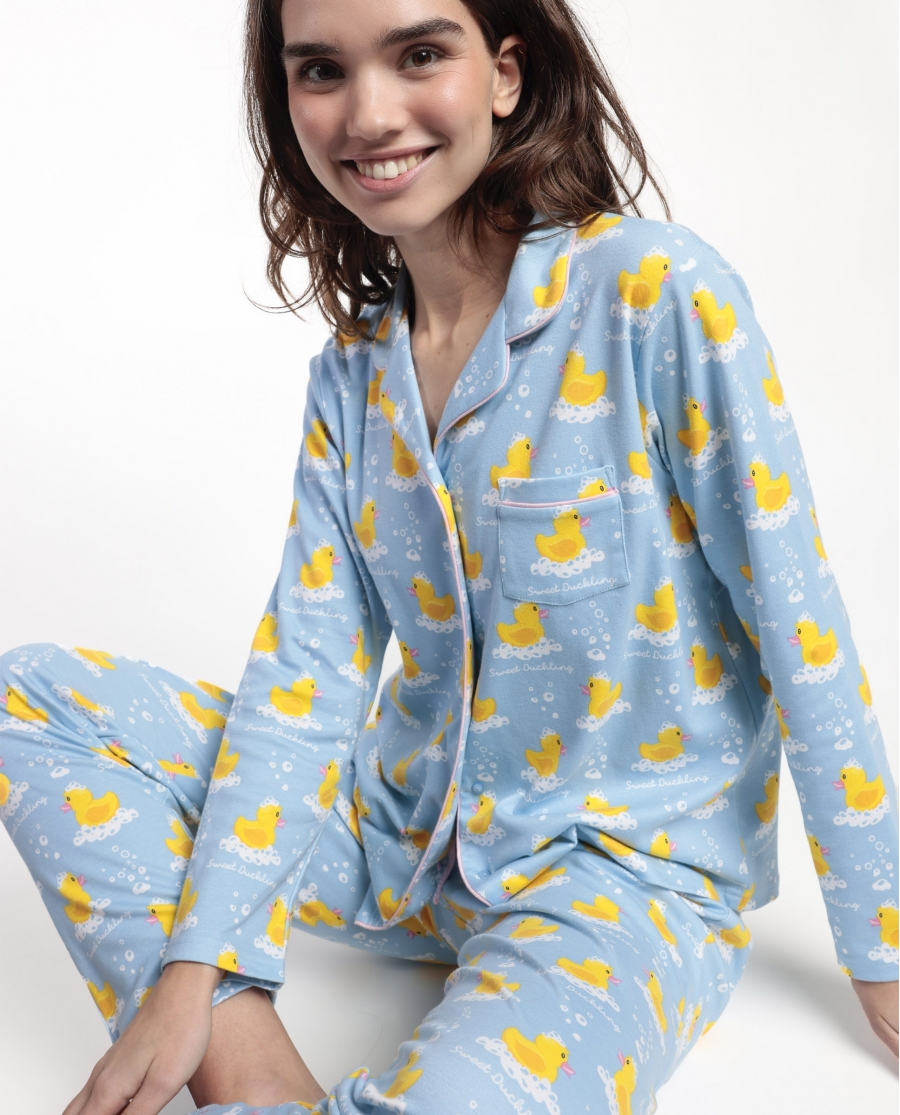ADMAS Pijama Manga Larga Abierto Sweet Duckling para Mujer AZUL