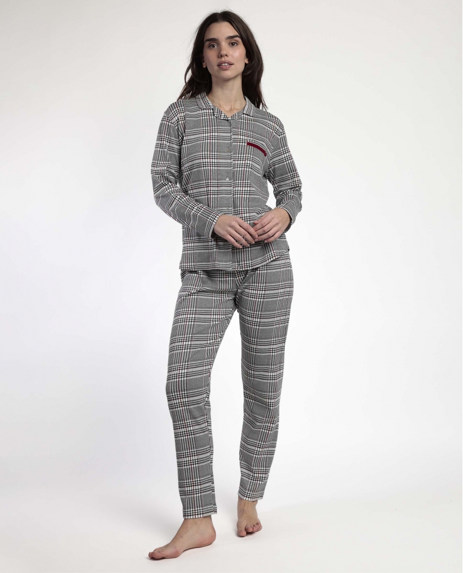 ADMAS Pijama Manga Larga Abierto Houndstooth para Mujer GRIS
