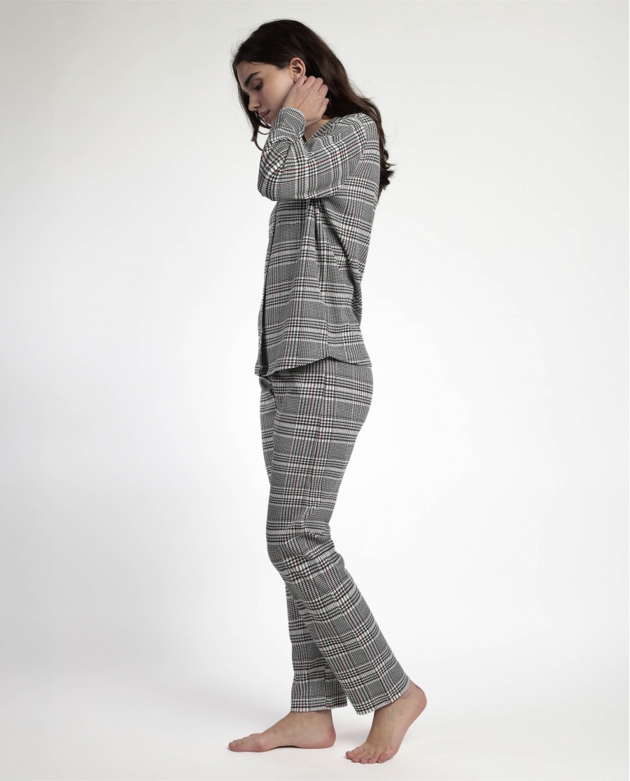 ADMAS Pijama Manga Larga Abierto Houndstooth para Mujer GRIS