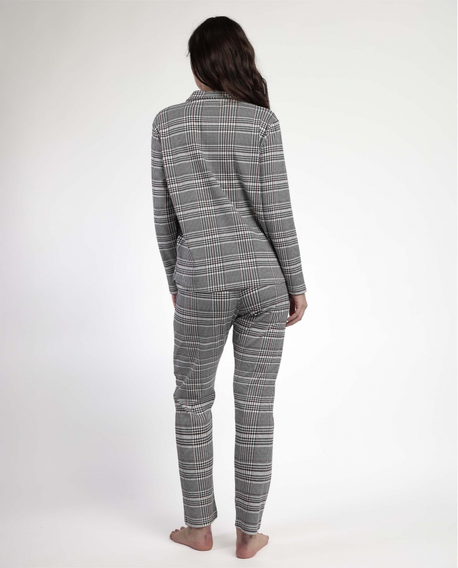 ADMAS Pijama Manga Larga Abierto Houndstooth para Mujer GRIS