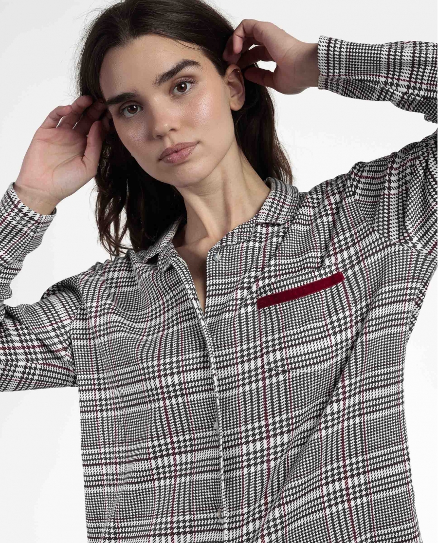 ADMAS Pijama Manga Larga Abierto Houndstooth para Mujer GRIS