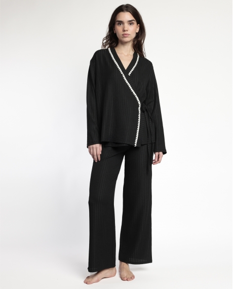 ADMAS LUXURY Pijama Manga Larga Abierto Cruzado Stitching para Mujer NEGRO