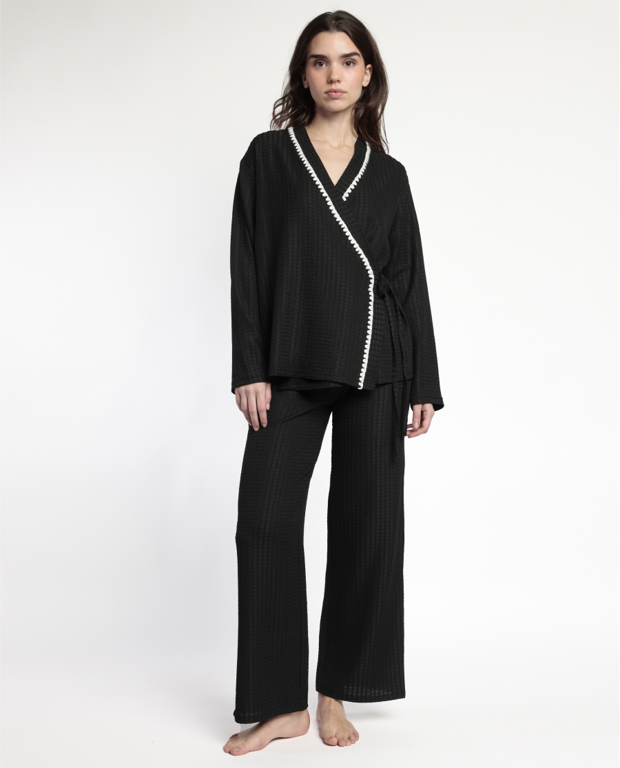 ADMAS LUXURY Pijama Manga Larga Abierto Cruzado Stitching para Mujer NEGRO