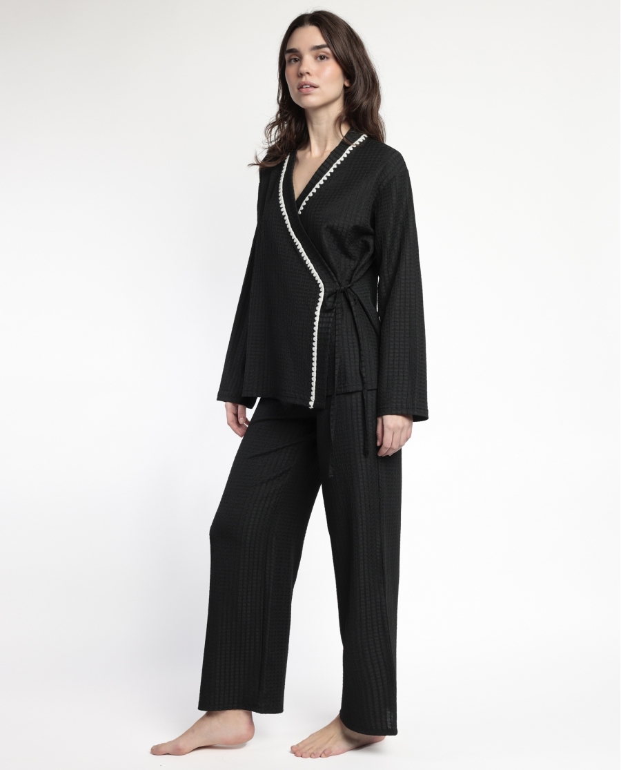 ADMAS LUXURY Pijama Manga Larga Abierto Cruzado Stitching para Mujer NEGRO