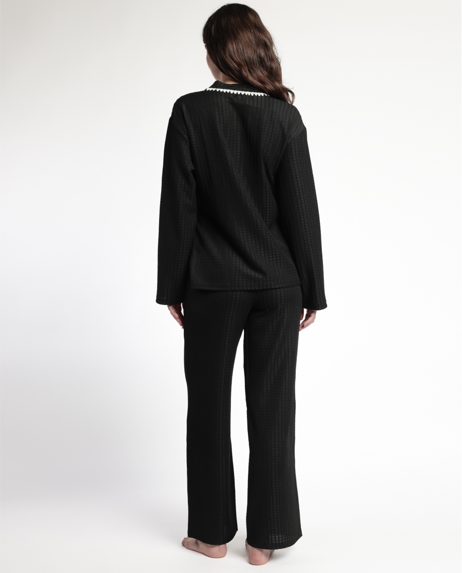 ADMAS LUXURY Pijama Manga Larga Abierto Cruzado Stitching para Mujer NEGRO