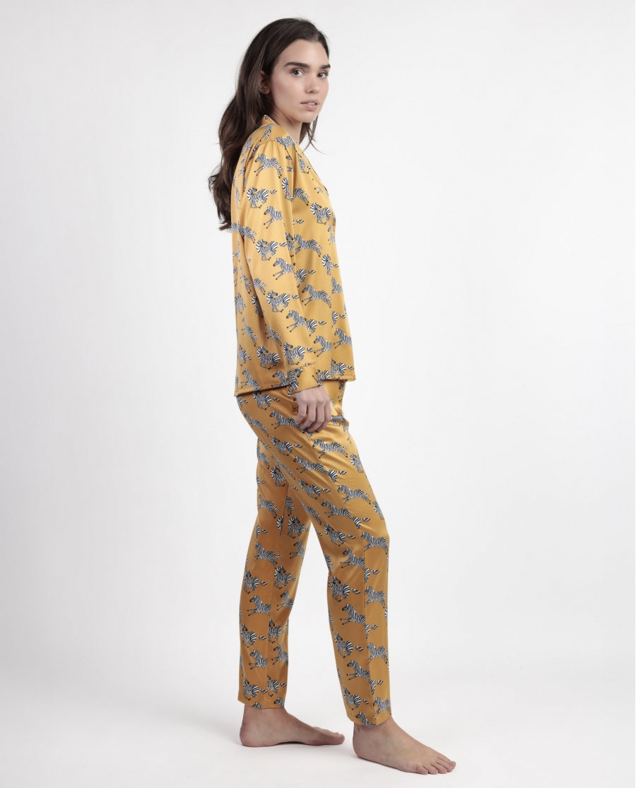 ADMAS LUXURY Pijama Manga Larga Abierto Satinado Zebra Gold para Mujer OCRE