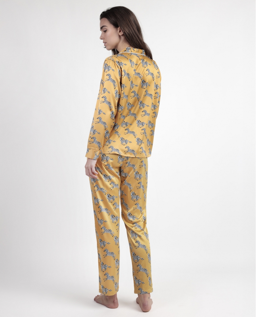 ADMAS LUXURY Pijama Manga Larga Abierto Satinado Zebra Gold para Mujer OCRE