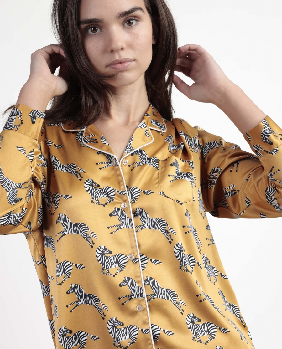 ADMAS LUXURY Pijama Manga Larga Abierto Satinado Zebra Gold para Mujer OCRE