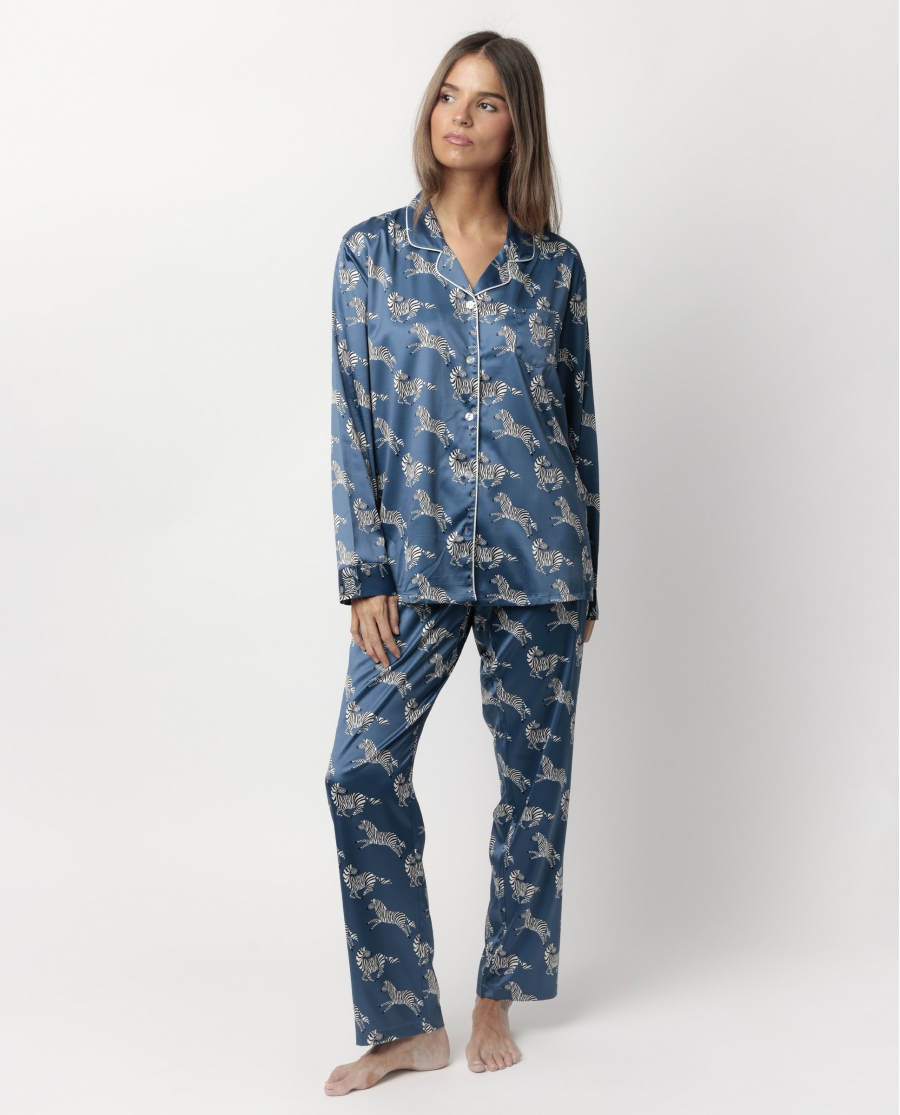 ADMAS LUXURY Pijama Manga Larga Abierto Satinado Zebra Gold para Mujer AZUL