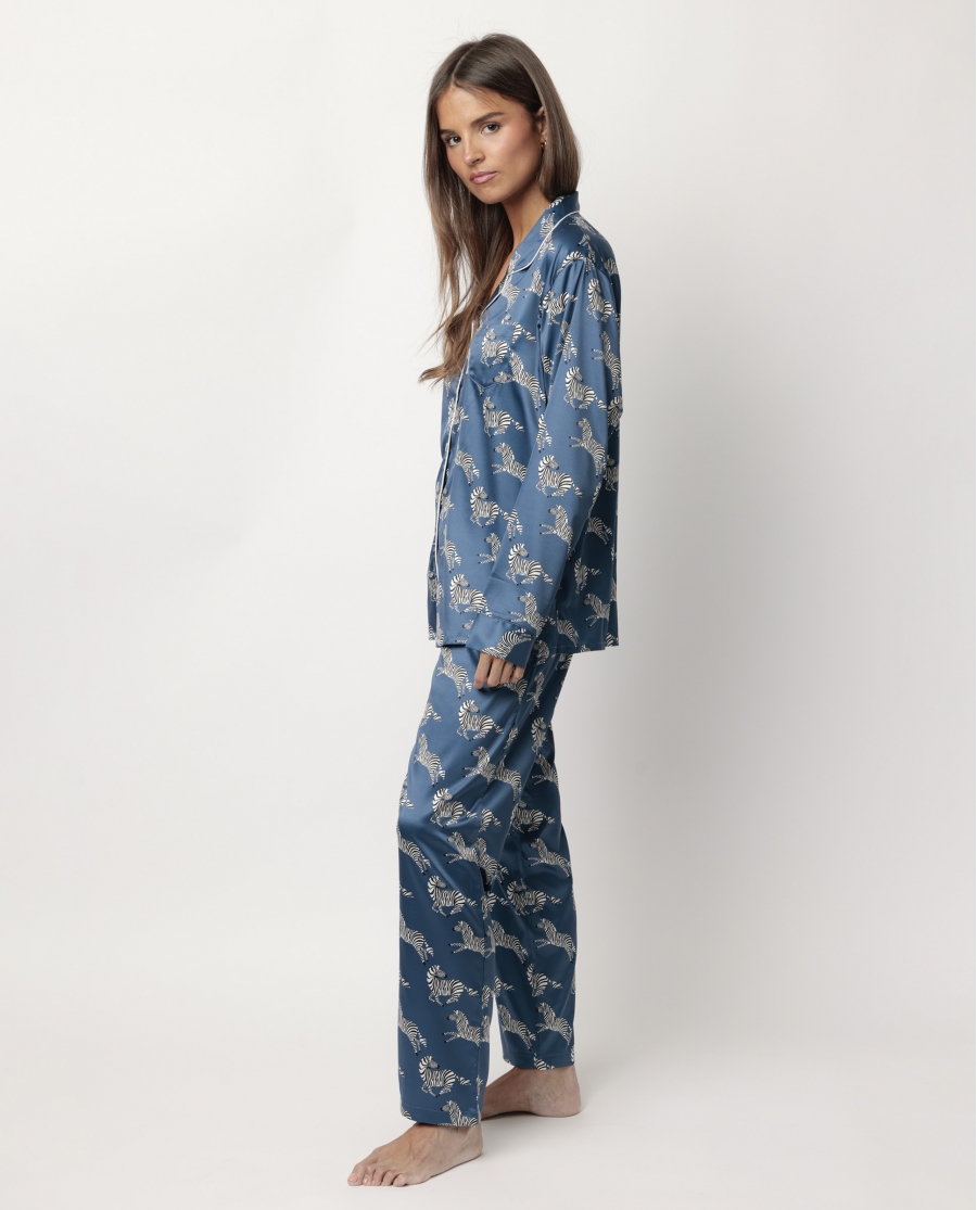 ADMAS LUXURY Pijama Manga Larga Abierto Satinado Zebra Gold para Mujer AZUL