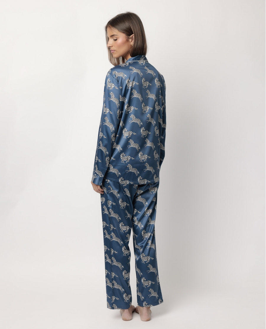 ADMAS LUXURY Pijama Manga Larga Abierto Satinado Zebra Gold para Mujer AZUL