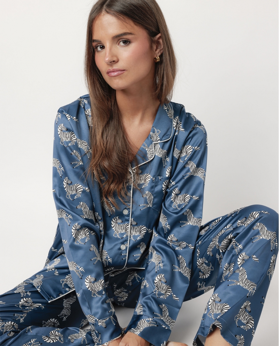 ADMAS LUXURY Pijama Manga Larga Abierto Satinado Zebra Gold para Mujer AZUL