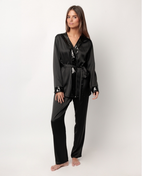 ADMAS LUXURY Pijama Manga Larga Satinado Cruzado Glam Luxe para Mujer NEGRO