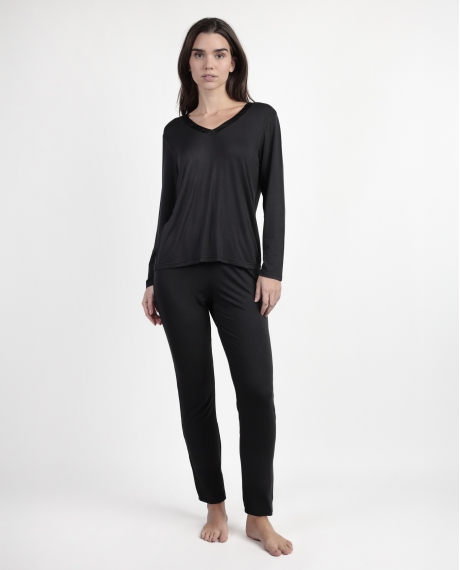 ADMAS LUXURY Pijama Manga Larga Luxury Lisos para Mujer NEGRO
