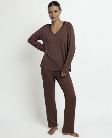 ADMAS LUXURY Pijama Manga Larga Luxury Lisos para Mujer CHOCOLATE