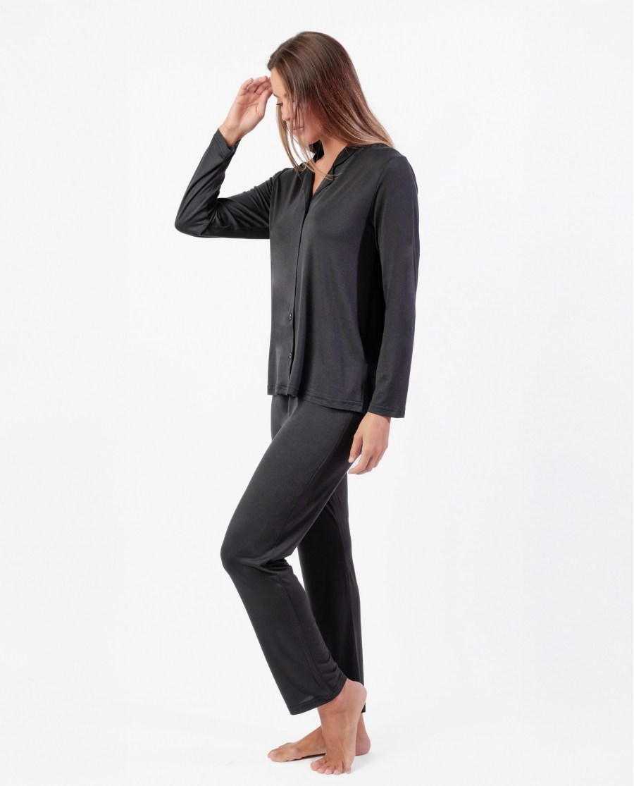 ADMAS LUXURY Pijama Manga Larga Abierto Luxury Lisos para Mujer NEGRO