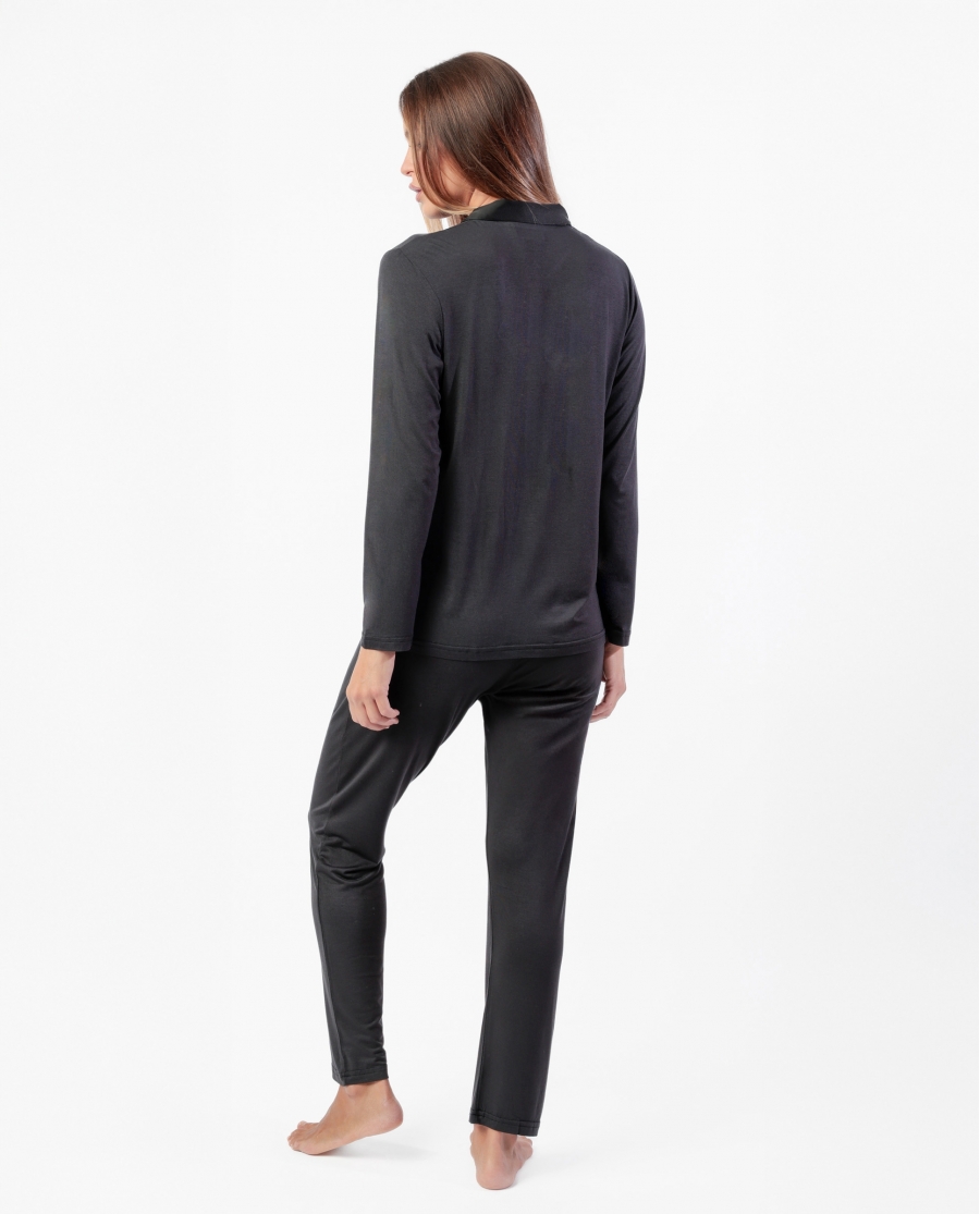ADMAS LUXURY Pijama Manga Larga Abierto Luxury Lisos para Mujer NEGRO