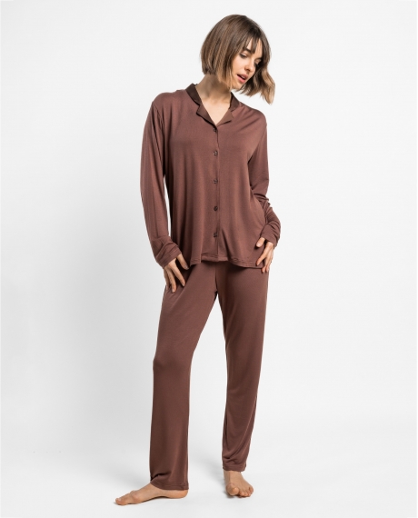 ADMAS LUXURY Pijama Manga Larga Abierto Luxury Lisos para Mujer CHOCOLATE