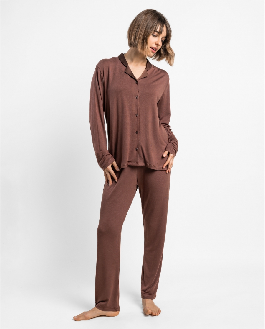 ADMAS LUXURY Pijama Manga Larga Abierto Luxury Lisos para Mujer CHOCOLATE