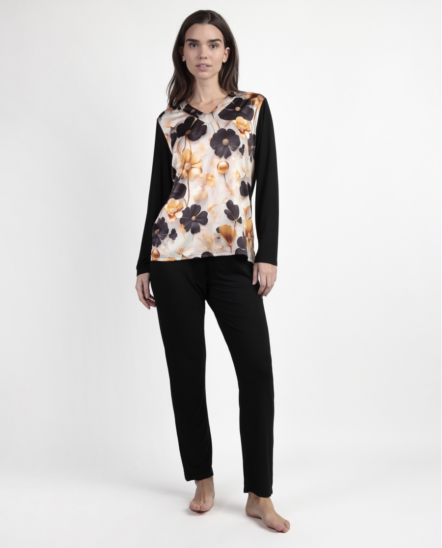 ADMAS LUXURY Pijama Manga Larga Luxury Flowers para Mujer ORO
