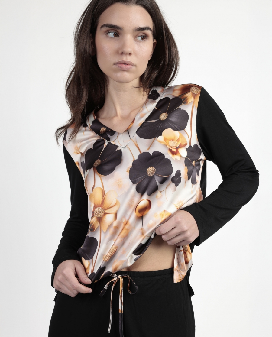 ADMAS LUXURY Pijama Manga Larga Luxury Flowers para Mujer ORO