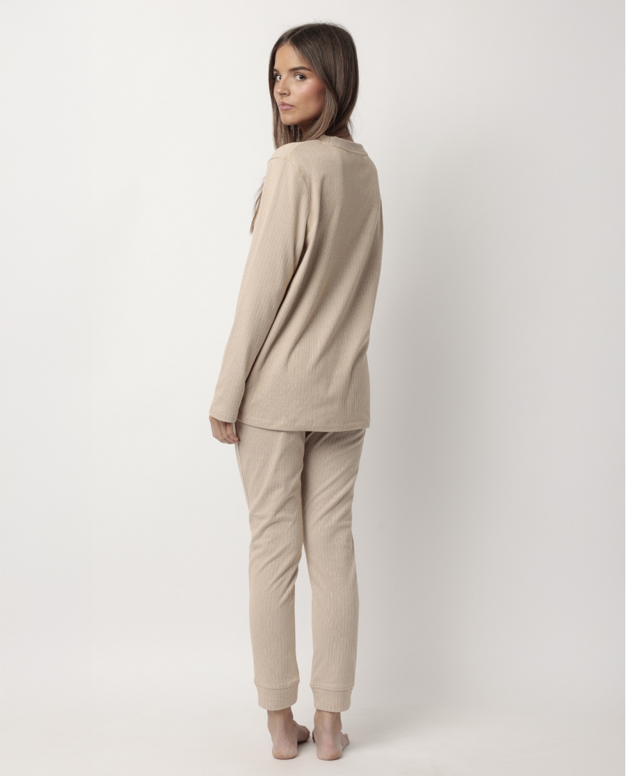 ADMAS HOME Pijama Manga Larga Canalé Supersoft para Mujer CAMEL