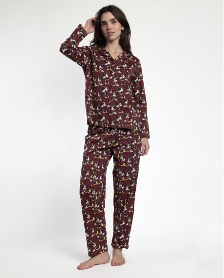 DISNEY Pijama Manga Larga Abierto Minnie Mouse para Mujer BURDEOS
