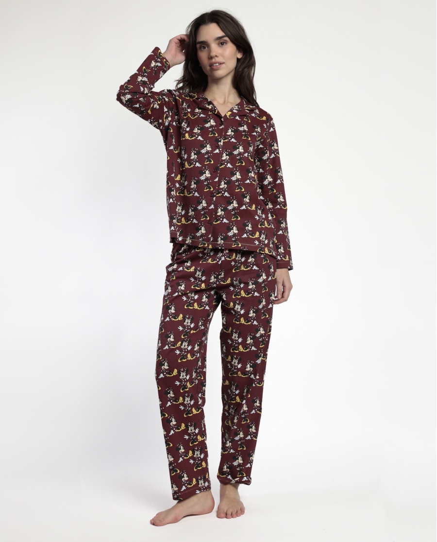 DISNEY Pijama Manga Larga Abierto Minnie Mouse para Mujer BURDEOS