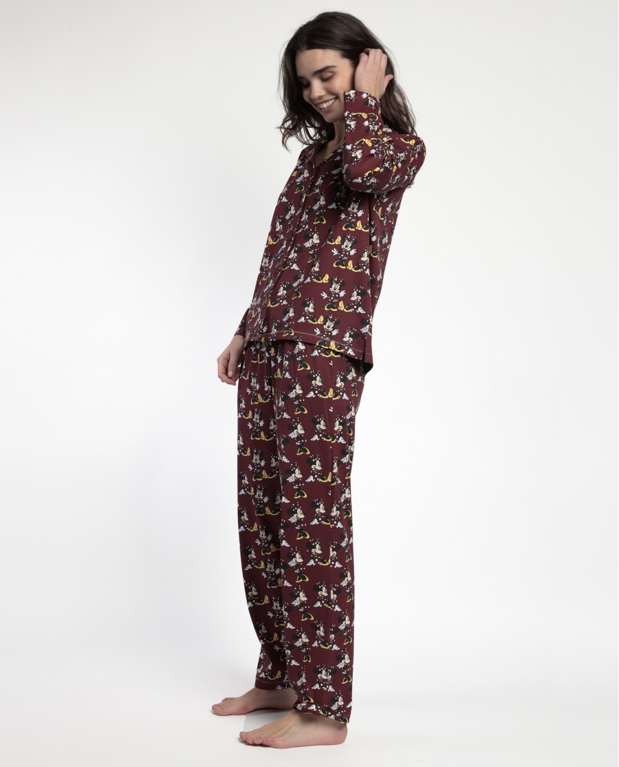 DISNEY Pijama Manga Larga Abierto Minnie Mouse para Mujer BURDEOS
