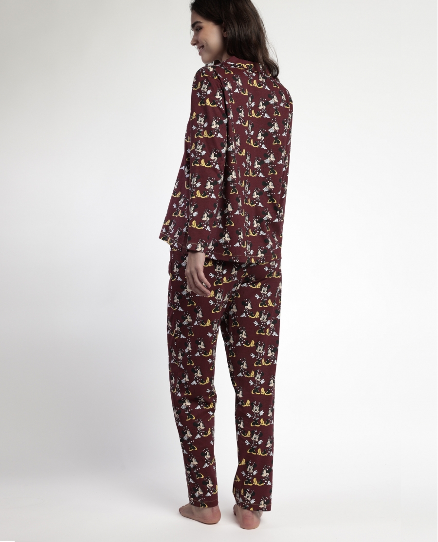 DISNEY Pijama Manga Larga Abierto Minnie Mouse para Mujer BURDEOS