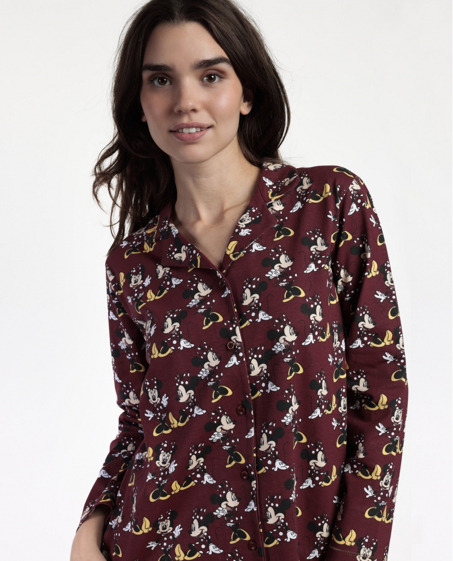 DISNEY Pijama Manga Larga Abierto Minnie Mouse para Mujer BURDEOS