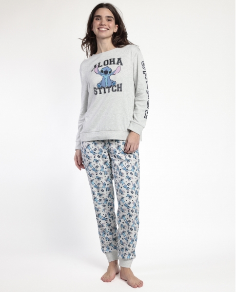 DISNEY Pijama Manga Larga Aloha Stitch para Mujer GRIS JASPE