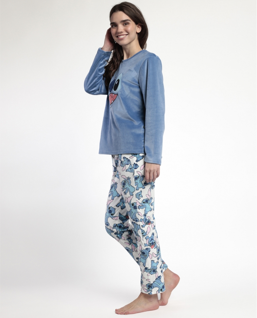 DISNEY Pijama Manga Larga Terciopelo Stitch & Angel Unisex AZUL