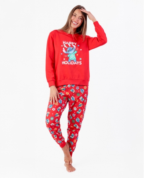 DISNEY Pijama Manga Larga Stitch Happy Holidays para Mujer ROJO