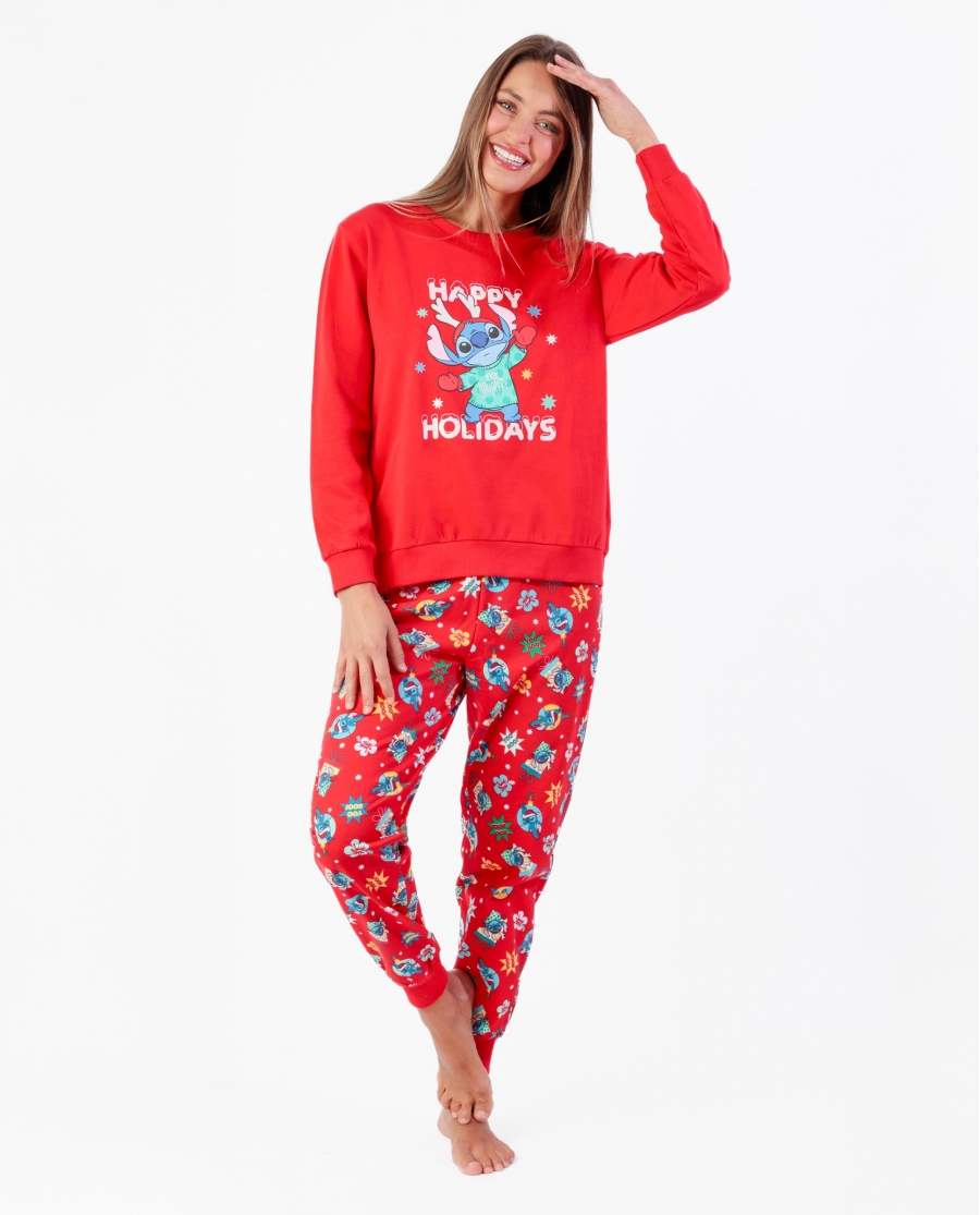 DISNEY Pijama Manga Larga Stitch Happy Holidays para Mujer ROJO